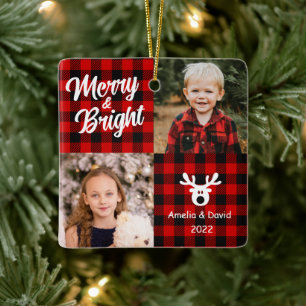 2 Photo Red Plaid Children Christmas Ceramic Ornam Ornament