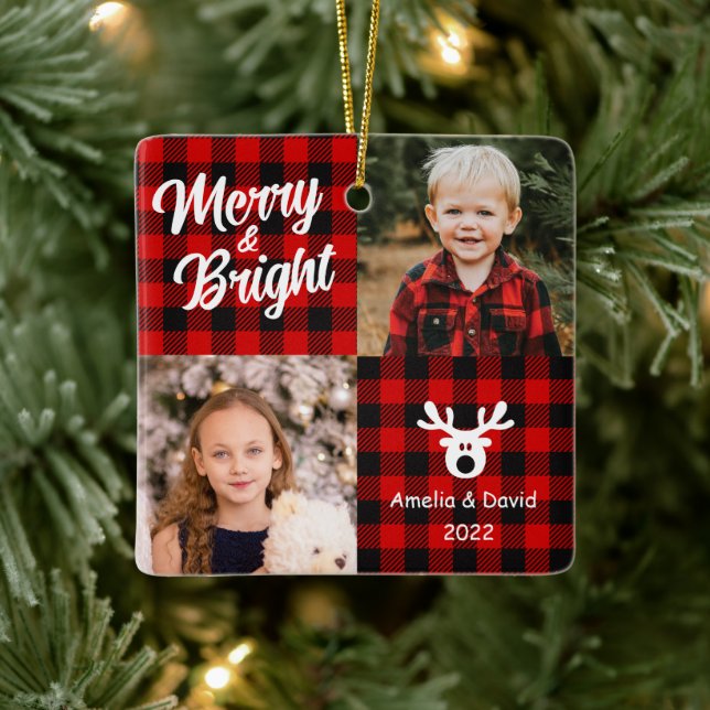 2 Photo Red Plaid Children Christmas Ceramic Ornam Ornament (Tree)