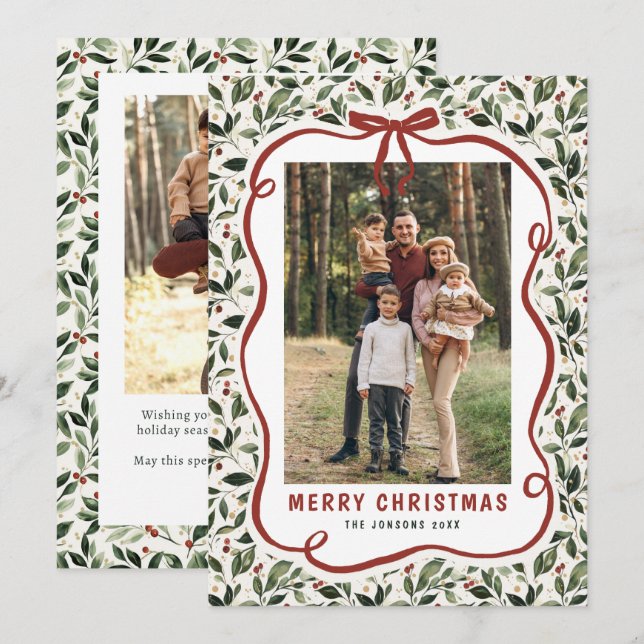 2 Photo Retro Christmas Hand Drawn Red Bow Ribbon Holiday Card (Front/Back)