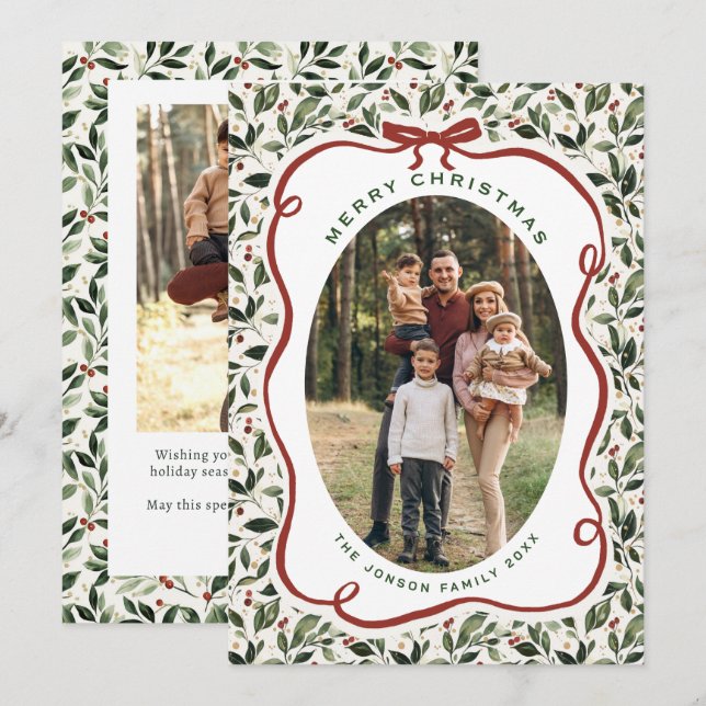 2 Photo Retro Christmas Hand Drawn Red Bow Ribbon Holiday Card (Front/Back)