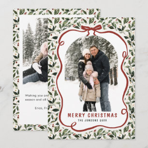 2 Photo Retro Christmas Hand Drawn Red Bow Ribbon Holiday Card