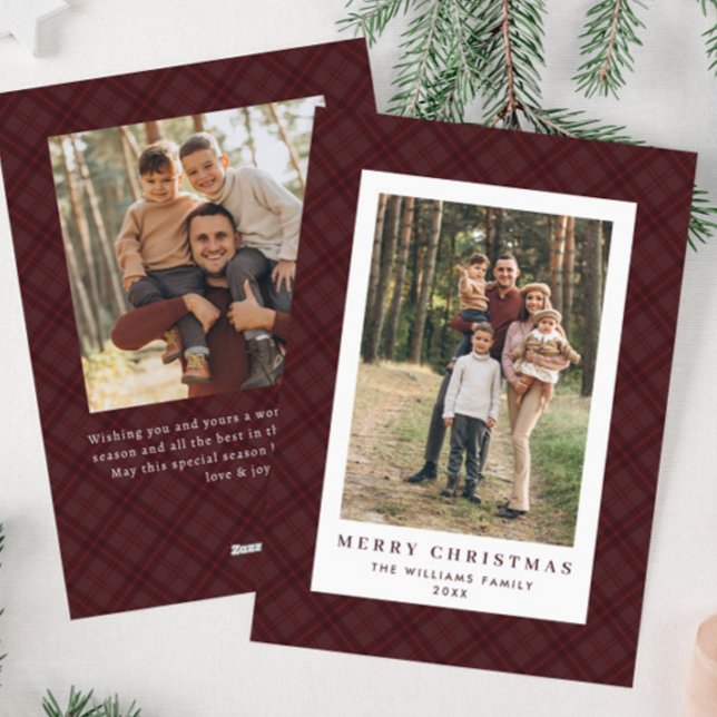 2 Photo Retro Christmas Plaid Tartan Greeting Holiday Card (Creator Uploaded)