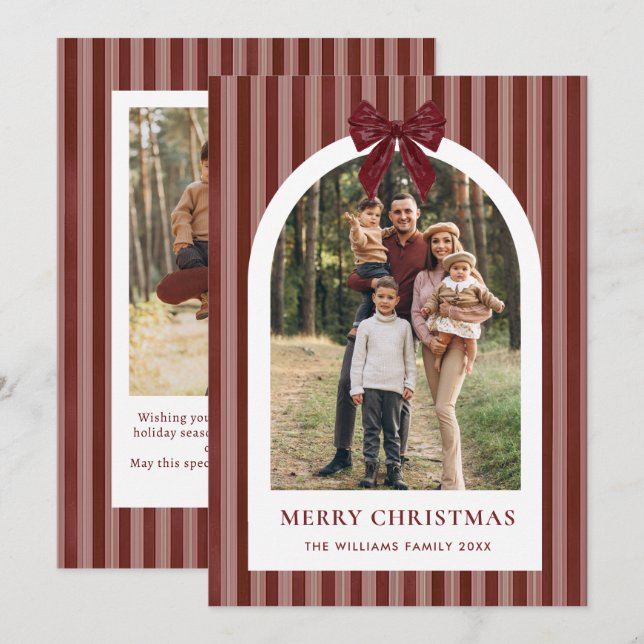2 Photo Retro Christmas Red Bow Burgundy Stripped Holiday Card (Front/Back)