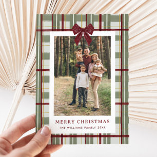 2 Photo Retro Christmas Red Bow Green Plaid Holiday Card
