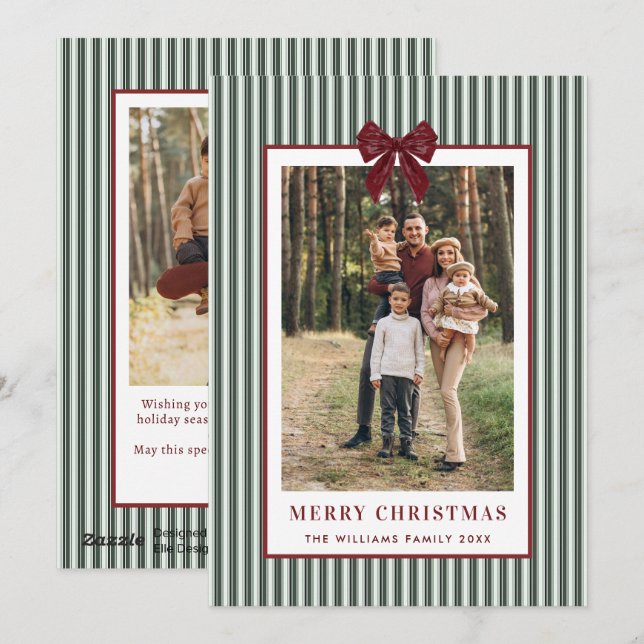 2 Photo Retro Christmas Red Bow Green Stripped Holiday Card (Front/Back)