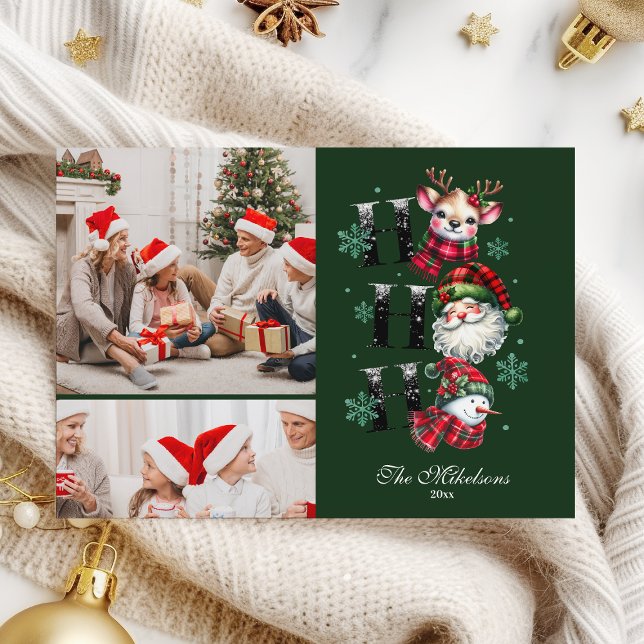 2 Photo Retro Gingham Santa & Friends Christmas Holiday Card (Creator Uploaded)
