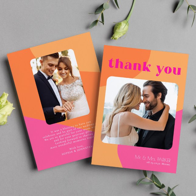 2 photo retro pink orange wedding thank you card (Creator Uploaded)
