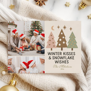 2 Photo Retro Winter Kisses & Snowflake Wishes Holiday Card