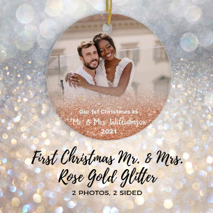 2 Photo Rose Gold First Christmas Mr. Mrs. Ceramic Ornament