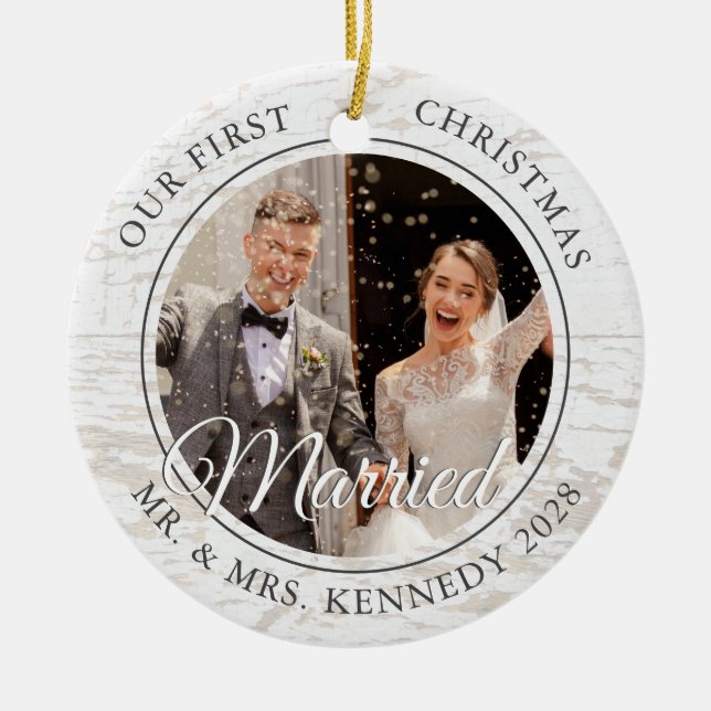 2 Photo Rustic First Christmas Married White Wood  Ceramic Ornament (Front)