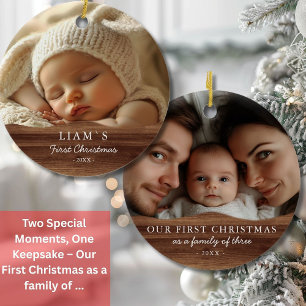2 Photo´s Baby's First Christmas - Rustic Wood Ceramic Ornament