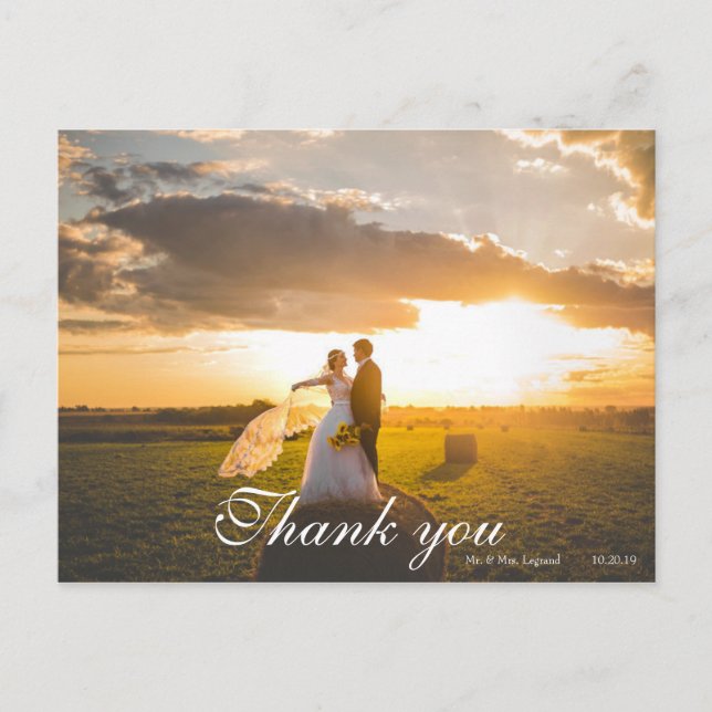 2 Photo Script Lettered Wedding Thank You Postcard (Front)