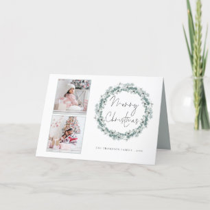 2 Photo Script Teal Foliage Wreath Merry Christmas Holiday Card