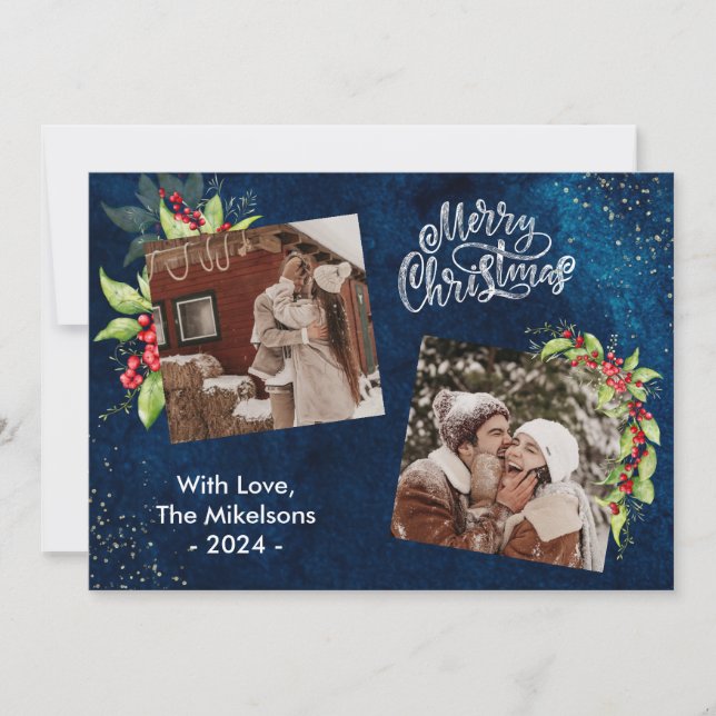 2 Photo Season's Greetings Holly Berries Christmas Holiday Card (Front)