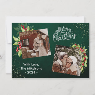 2 Photo Season's Greetings Holly Berries Christmas Holiday Card