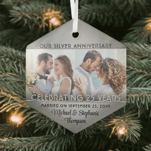 2 Photo Silver 25th Wedding Anniversary Keepsake Glass Tree Decoration