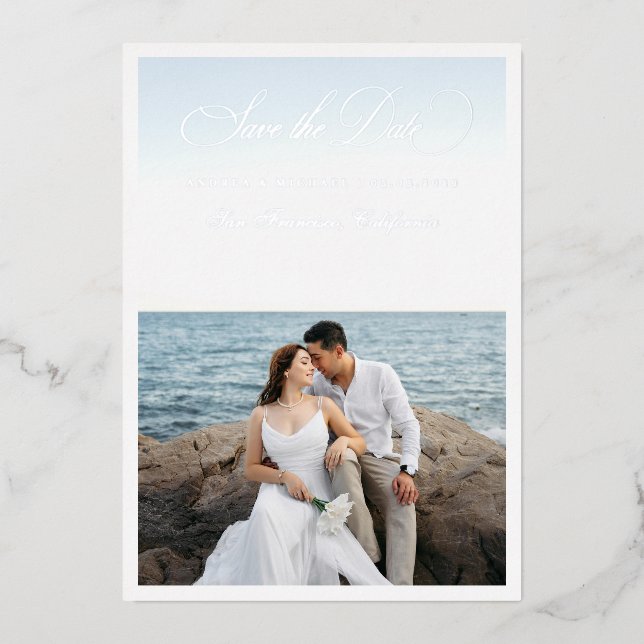 2 Photo & Silver Script Seaside Beach Wedding (Front)