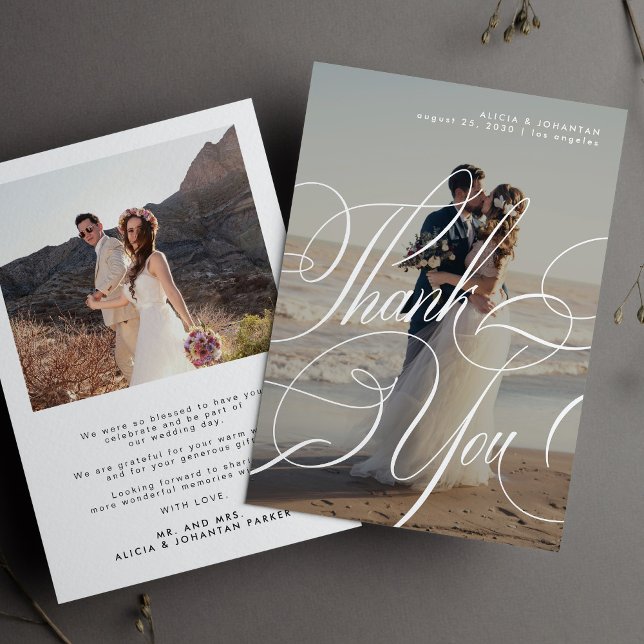 2 photo simple elegant calligraphy script wedding thank you card (Creator Uploaded)