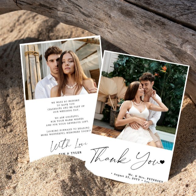 2 photo simple modern script heart wedding thank you card (Creator Uploaded)