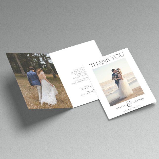 2 photo simple modern typography wedding folded thank you card (Creator Uploaded)