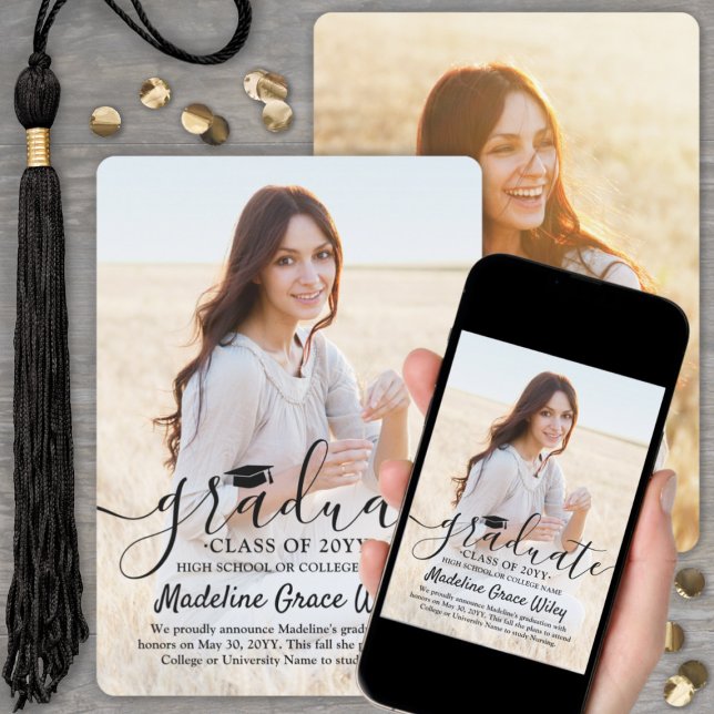 2 Photo Simple Overlay Black Script Graduation Announcement (Creator Uploaded)