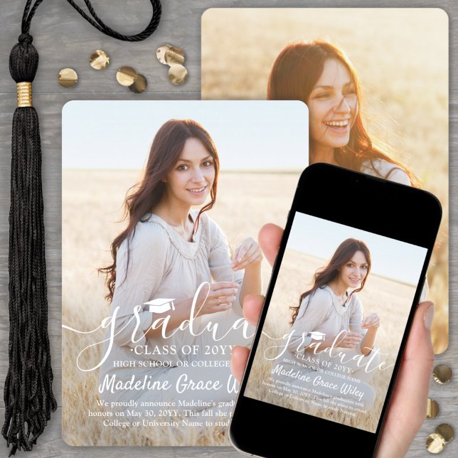 2 Photo Simple Overlay White Script Graduation Announcement (Creator Uploaded)