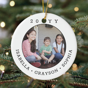 2 Photo Simple Typography Year Black and White Ceramic Ornament