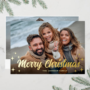 2 PHOTO Sparkle Merry Christmas Greeting Gold Foil Holiday Card