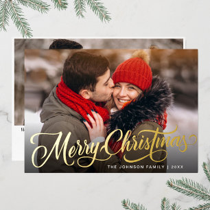 2 PHOTO Sparkle Merry Christmas Greeting Gold Foil Holiday Card