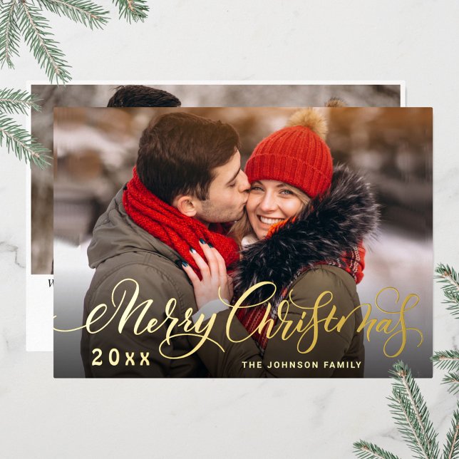 2 PHOTO Sparkle Merry Christmas Greeting Gold Foil Holiday Card (Creator Uploaded)