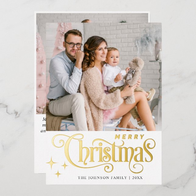 2 PHOTO Sparkle Merry Christmas Greeting Gold Foil Holiday Card (Front/Back)