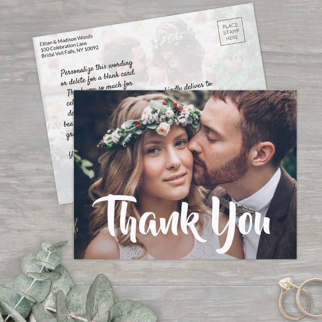2 Photo Stylish Modern Script Wedding Thank You Announcement Postcard (Creator Uploaded)