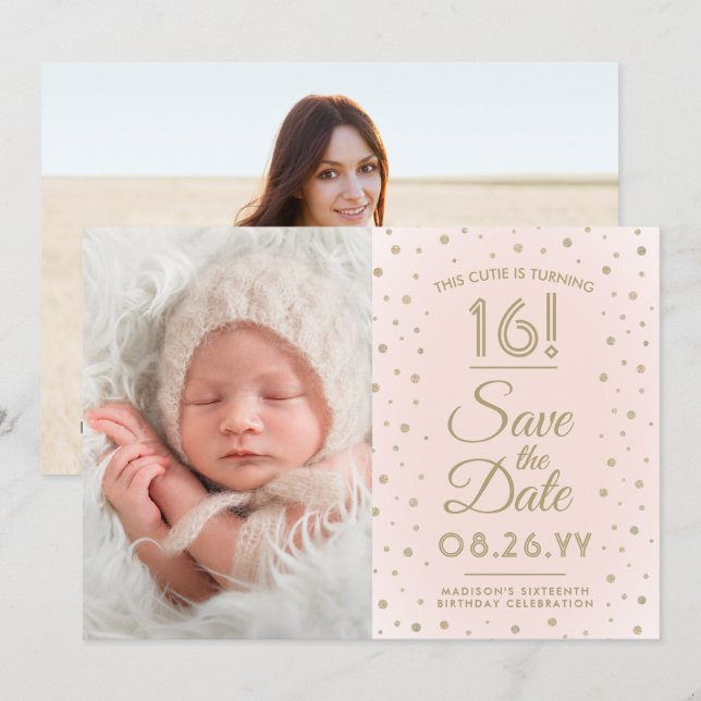 2 Photo Sweet 16 Birthday Blush Gold Save the Date (Front/Back)
