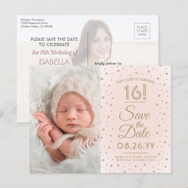 2 Photo Sweet 16 Birthday Blush Gold Save the Date Invitation Postcard (Front/Back)