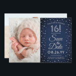 2 Photo Sweet 16 Birthday Chic Navy Blue Confetti Save The Date<br><div class="desc">Invite family and friends to an upcoming Sweet 16th celebration for her or him with this stylish 2 photo navy blue, grey & faux silver 3.5x5" save the date invitation. (IMAGE PLACEMENT TIP: An easy way to center a photo exactly how you want is to crop it before uploading to...</div>