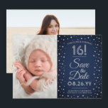 2 Photo Sweet 16 Birthday Chic Navy Blue Confetti Save The Date<br><div class="desc">Invite family and friends to an upcoming Sweet 16th celebration for her or him with this stylish 2 photo navy blue, grey & faux silver 3.5x5" save the date invitation. (IMAGE PLACEMENT TIP: An easy way to center a photo exactly how you want is to crop it before uploading to...</div>