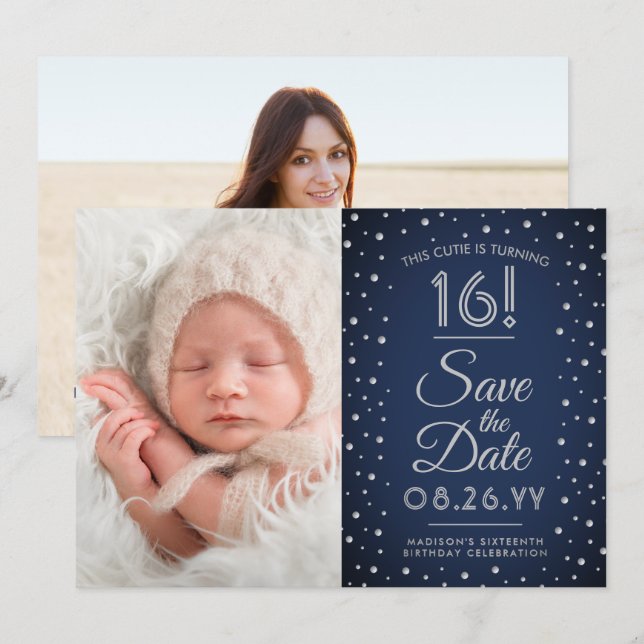2 Photo Sweet 16 Birthday Chic Navy Blue Confetti Save The Date (Front/Back)