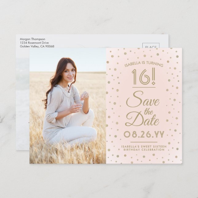 2 Photo Sweet 16 Birthday Save the Date Blush Gold Invitation Postcard (Front/Back)