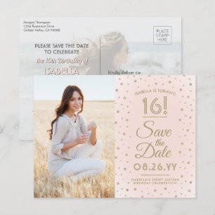 2 Photo Sweet 16 Birthday Save the Date Blush Gold Invitation Postcard
