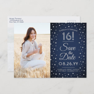2 Photo Sweet 16 Birthday Save the Date Navy Blue Invitation Postcard
