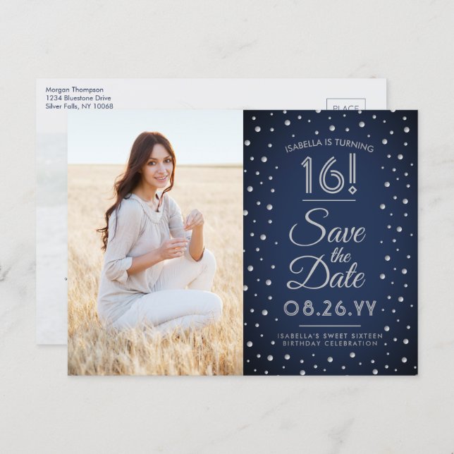 2 Photo Sweet 16 Birthday Save the Date Navy Blue Invitation Postcard (Front/Back)