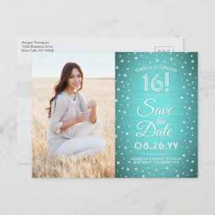 2 Photo Sweet 16 Birthday Save the Date Teal Blue Invitation Postcard