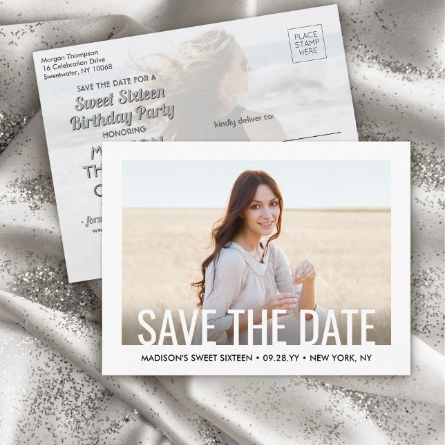 2 Photo Sweet 16th Birthday Modern Save the Date Announcement Postcard (Creator Uploaded)