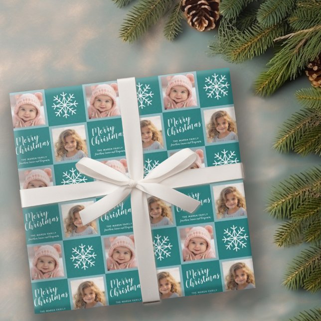 2 Photo - Teal Blue Merry Christmas Snowflakes Wrapping Paper (Personalized wrapping paper with 2 photos)
