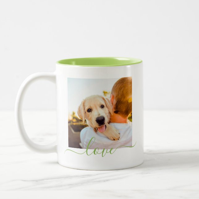 2 Photo Template Double Sided Love Text Green Two-Tone Coffee Mug (Left)