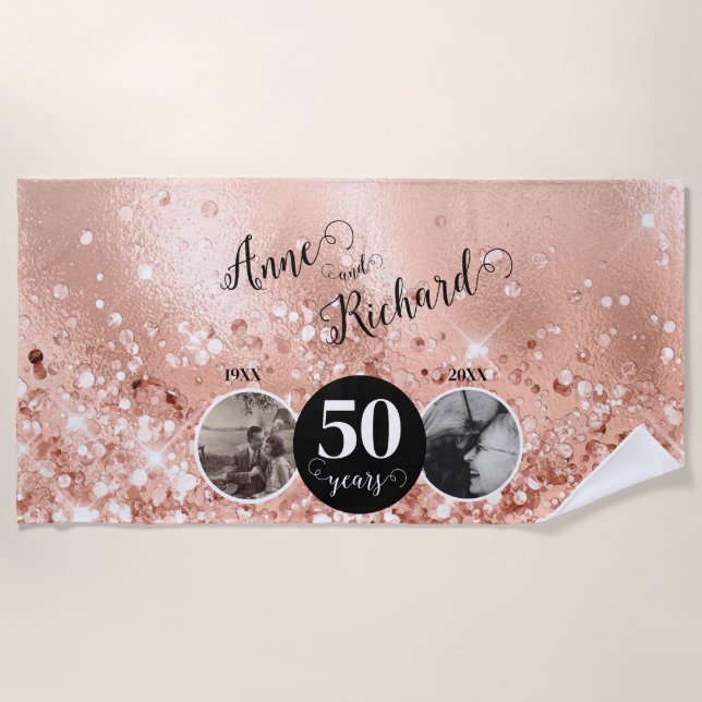 2 Photo Then and Now ANY YEAR Wedding Anniversary Beach Towel (Front)