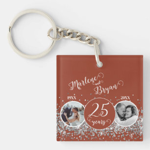 2 Photo "Then and Now" Silver Wedding Anniversary  Key Ring
