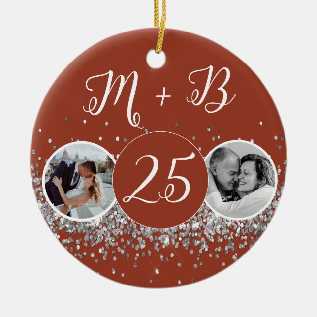 2 Photo Then and Now Wedding Anniversary Ceramic Ornament (Front)