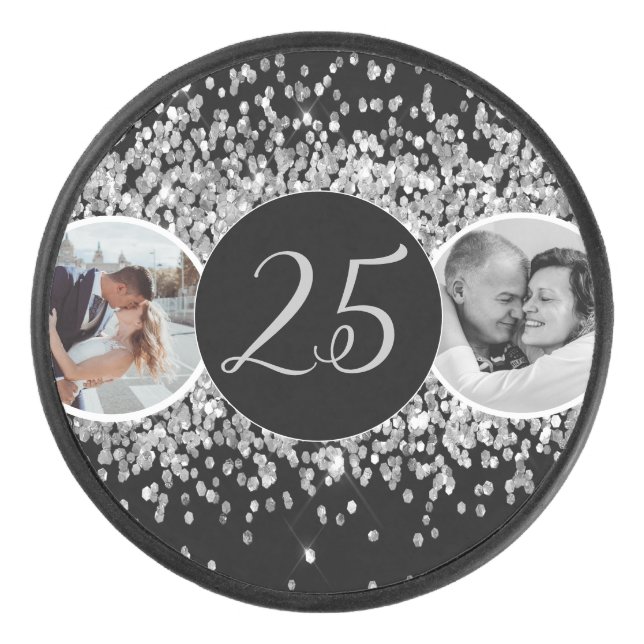 2 Photo Then and Now Wedding Anniversary Hockey Puck (Front)