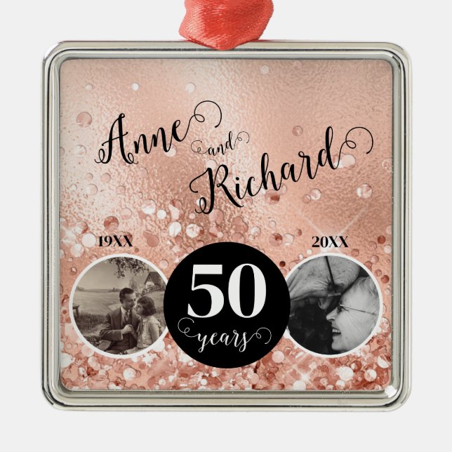 2 Photo "Then and Now" Wedding Anniversary Metal Ornament (Front)